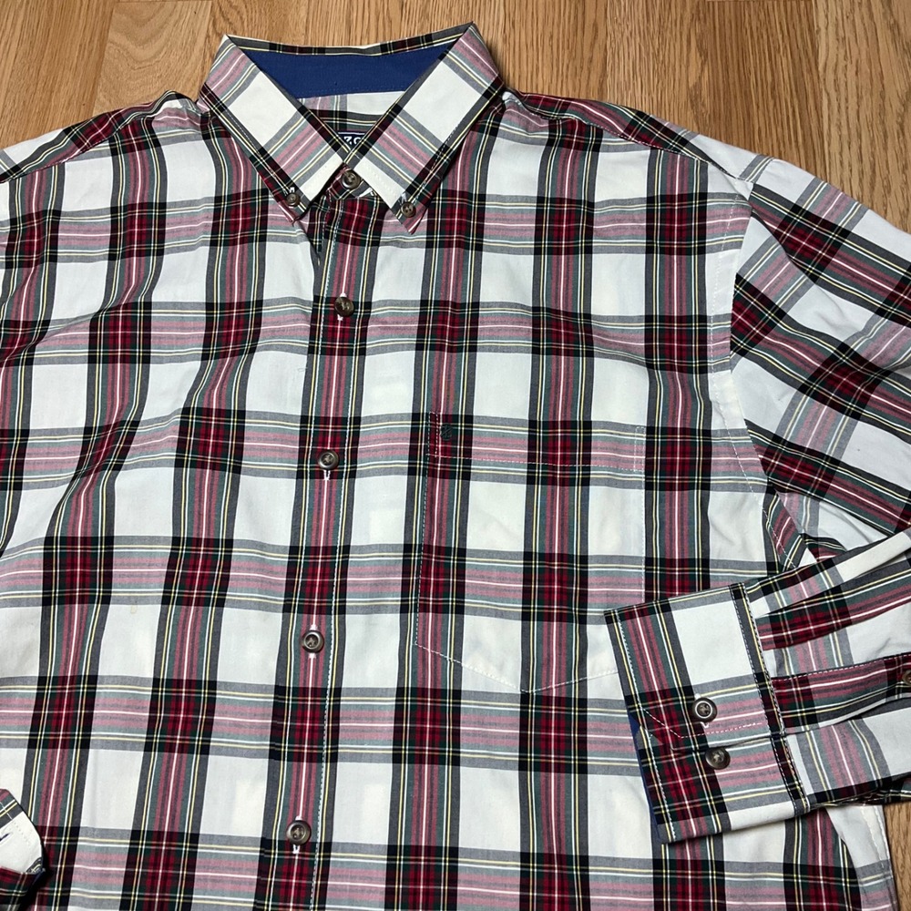 Izod Mens Long Sleeve Plaid Button Down Shirt White Red Green Blue Medium
